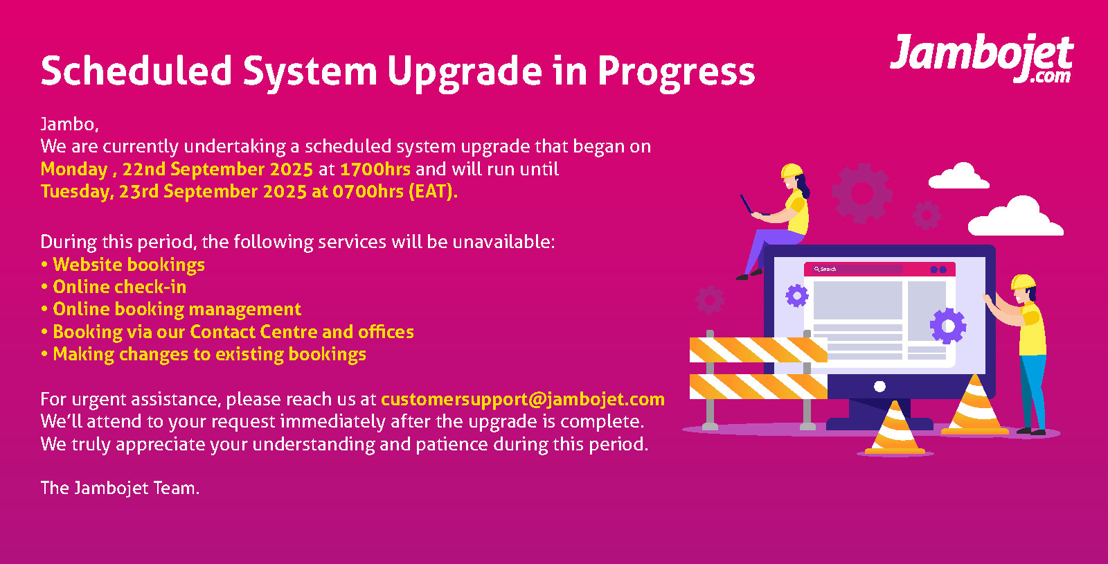 Scheduled System Upgrade in Progress - Jambojet notice